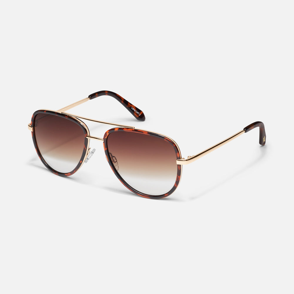 Side of QUAY ALL IN MINI small retro aviator sunglasses with tortoise frame and brown gradient lenses